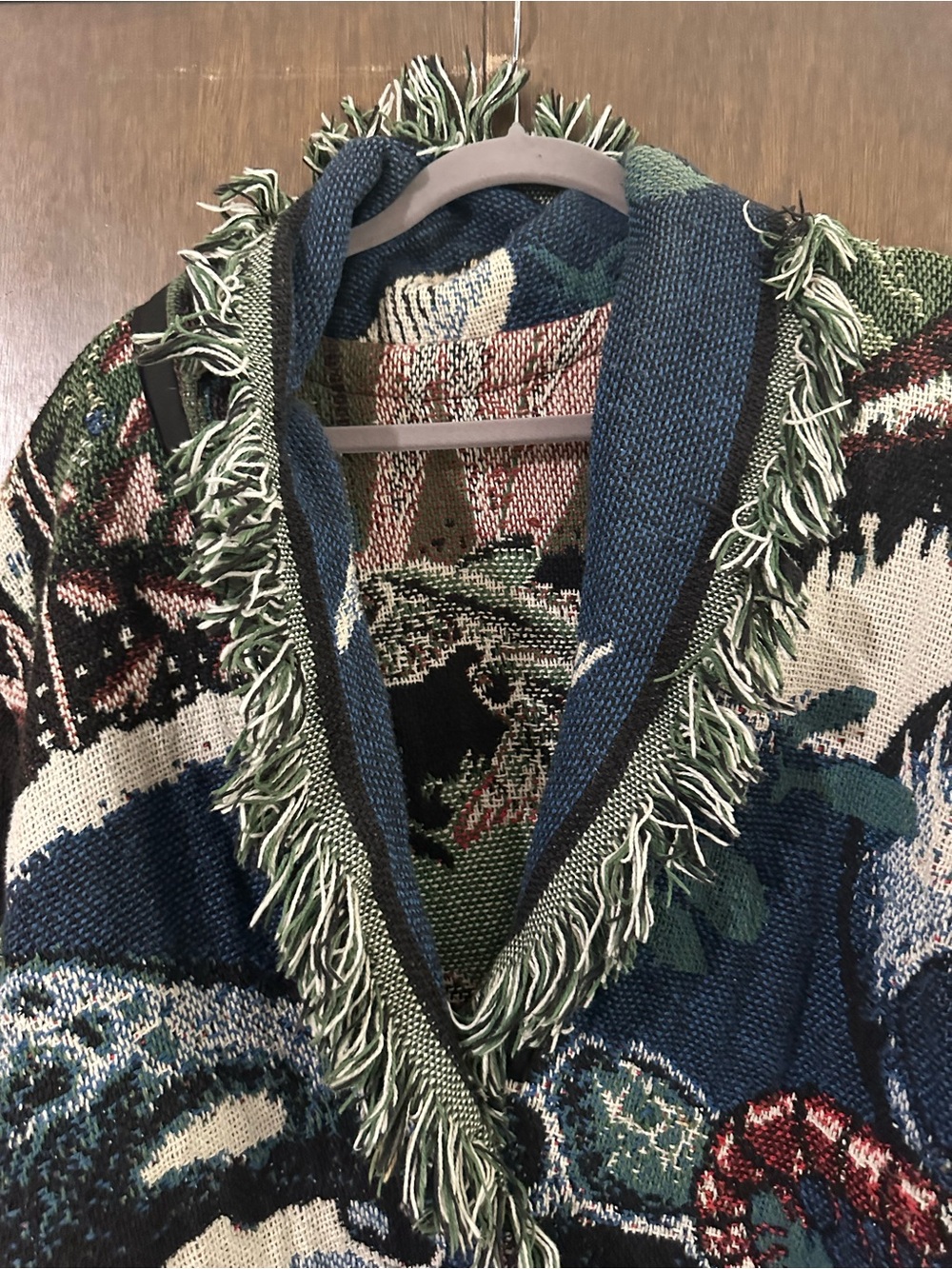 Handmade Fringed Boho Blanket Tapestry Knit Cardigan Blue & Green Animals Sz XL - Picture 7 of 16